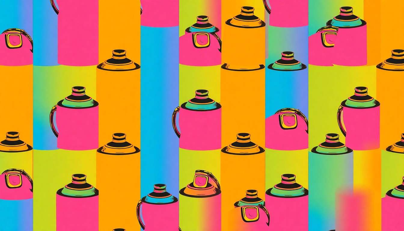 A highly stylized, abstract image composed of repeating silkscreen-style spray paint cans in vibrant neon colors, conceptually representing the energy and creative expression of a public graffiti art festival.