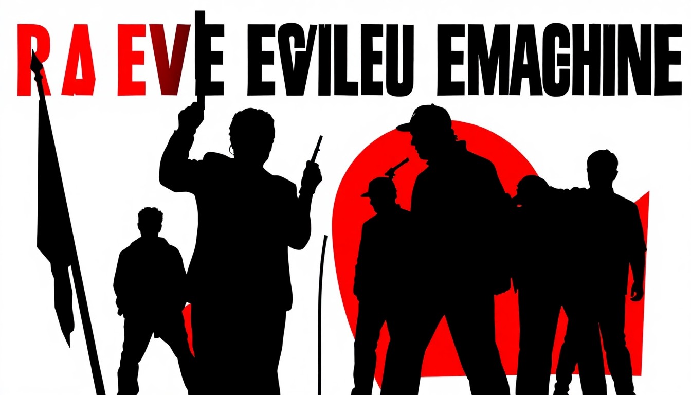 A bold, abstract illustration featuring stark, jagged geometric shapes in high-contrast red and black, conceptually representing the rebellious spirit and political messaging of the Rage Against the Machine album 'Evil Empire'.