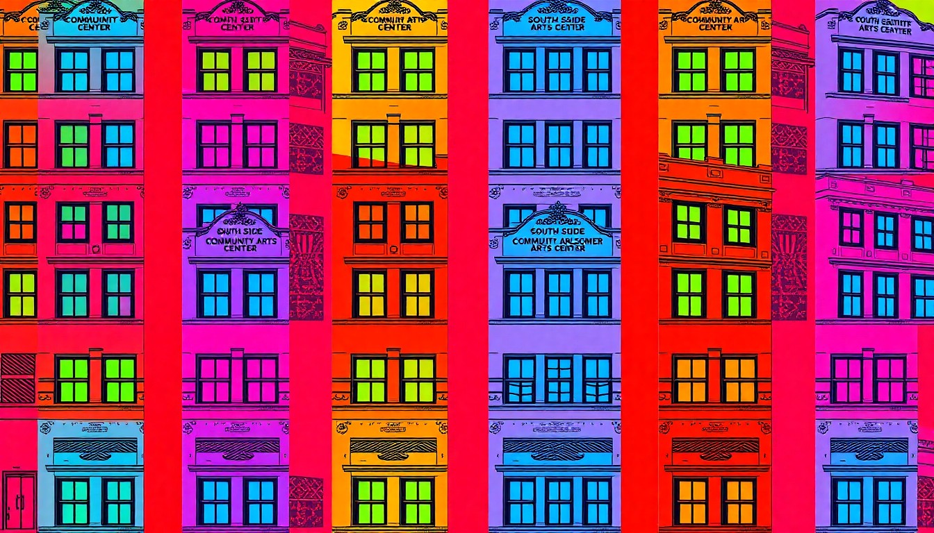 A bold, colorful silkscreen-style illustration featuring a repeated image of a community arts center building, rendered in a high-contrast, neon-tinged palette that evokes the energy and creativity of the institution.