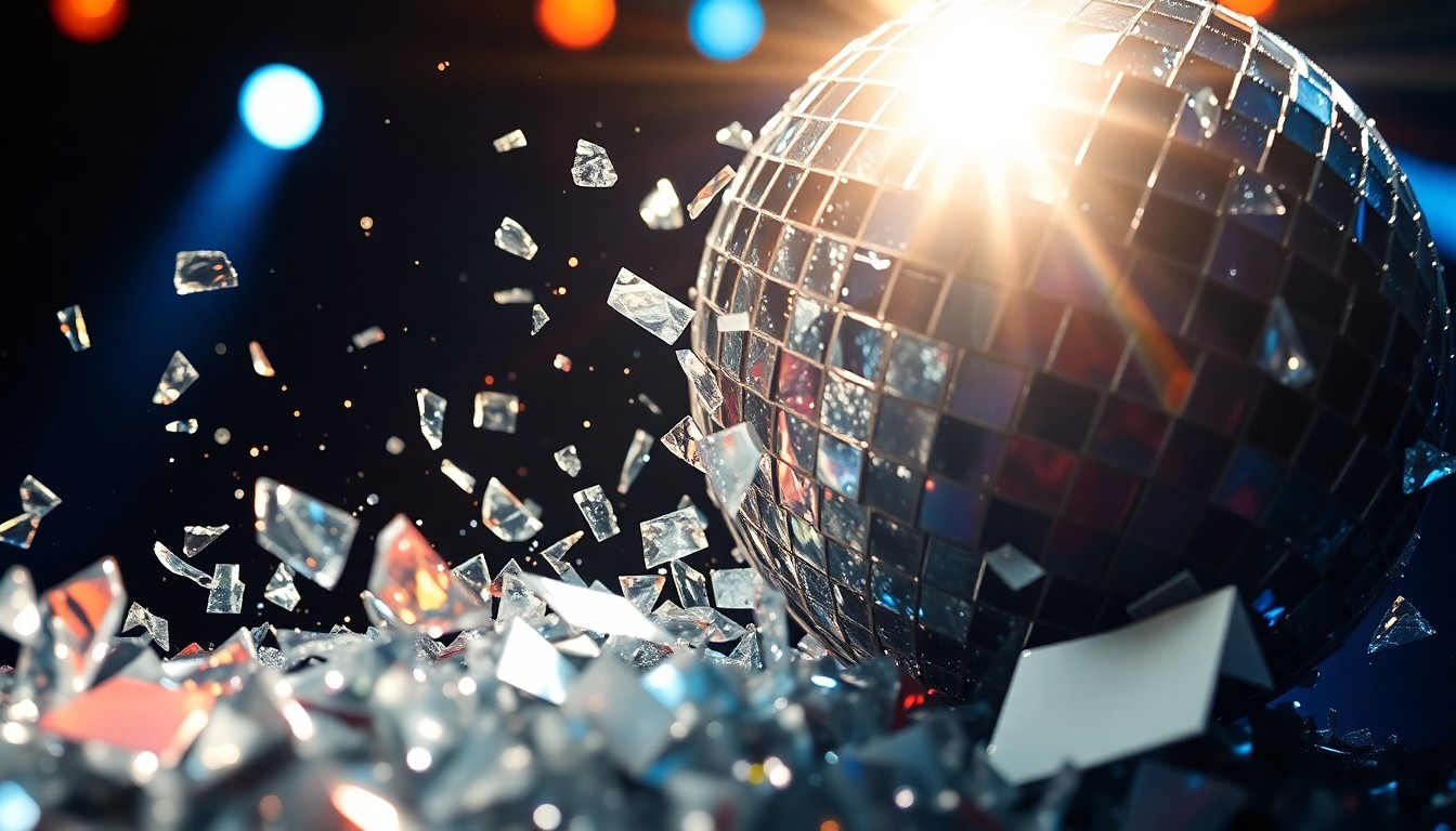 An abstract close-up photograph of shattered, glittering glass fragments reflecting bright stage lighting, conceptually representing the high-energy, glamorous world of rock music stardom.