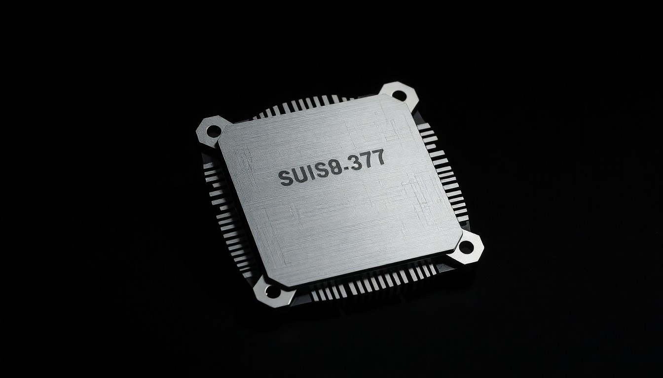 A close-up, photorealistic image of a sleek, metallic power semiconductor device with clean geometric shapes, sharp studio lighting, and deep shadows, representing the abstract concepts of corporate strategy, finance, and technology innovation.