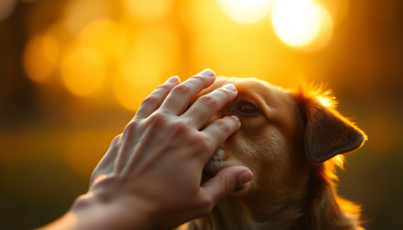 An extremely abstracted, out-of-focus photograph of a person's hand gently petting a dog's head, with the background blurred into warm, hazy pools of soft, colorful light, conceptually representing the emotional goodbye between a rescue dog and his foster mom.