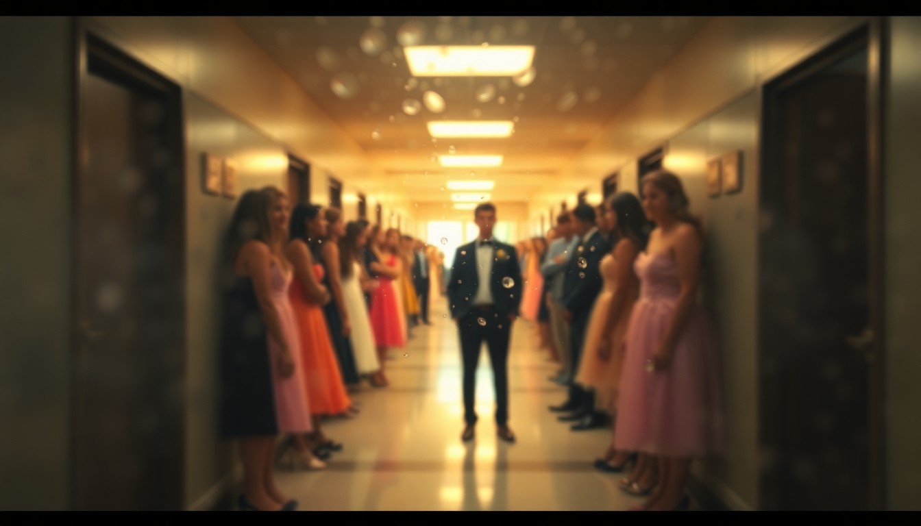 An abstract, dreamy scene of high school students trying on formal attire, with soft, blurred edges and warm pools of light creating an intimate, inclusive atmosphere.