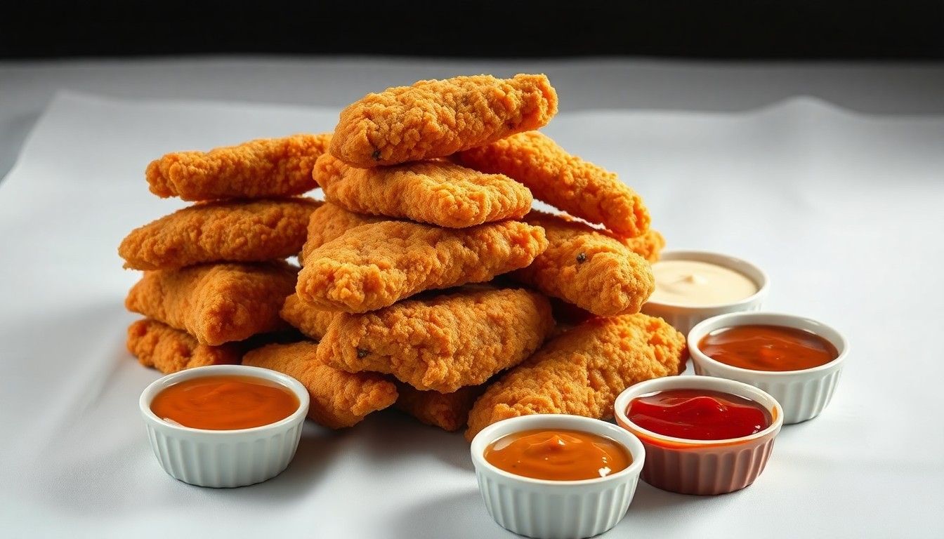 A photorealistic studio still life featuring a stack of golden-brown chicken tenders surrounded by various dipping sauces, all illuminated by dramatic lighting to convey a sense of premium quality and craftsmanship.