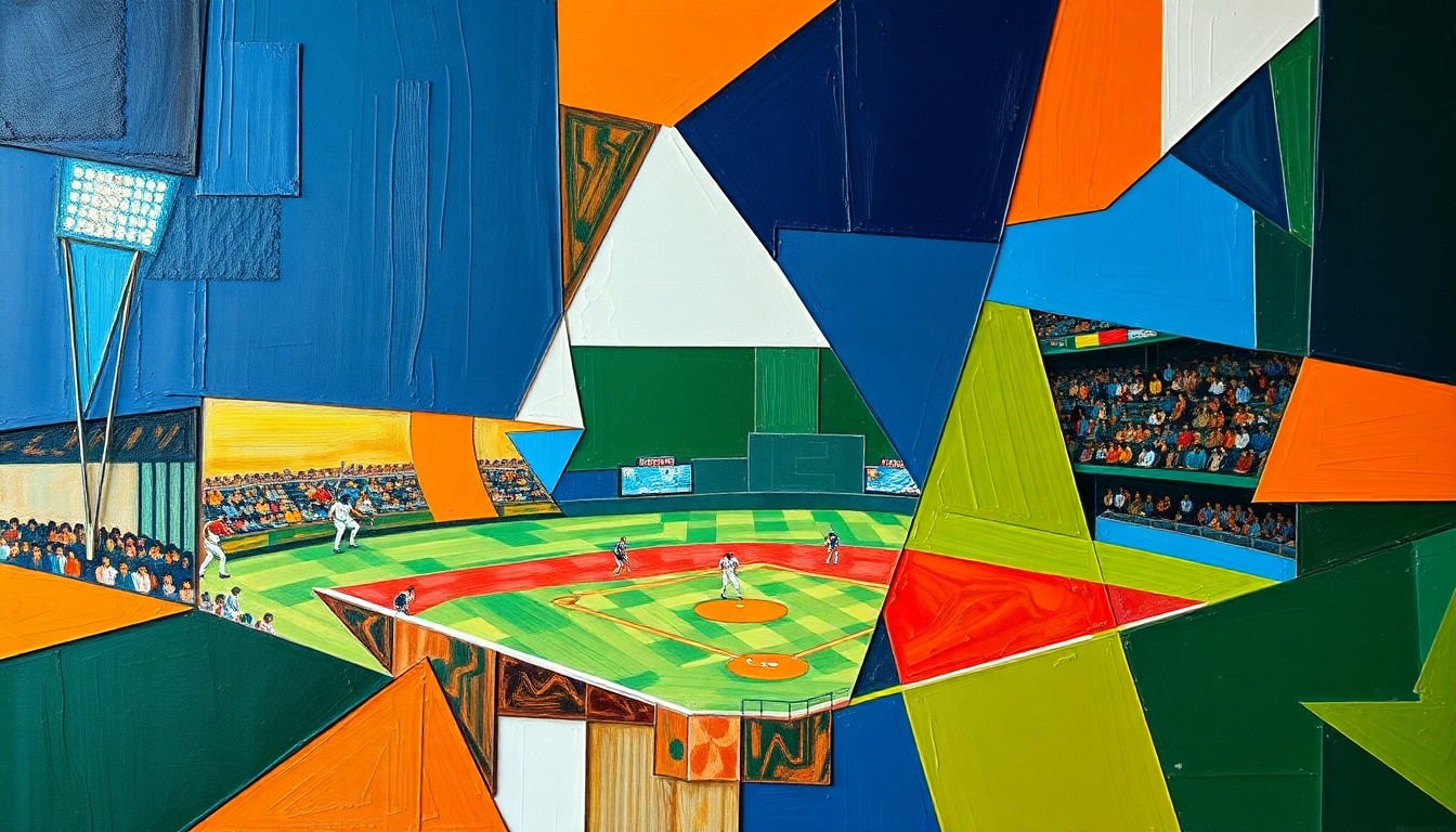 A cubist, geometric painting depicting a baseball game broken down into overlapping planes of navy, green, and orange, conveying the energy and dynamism of the sport.