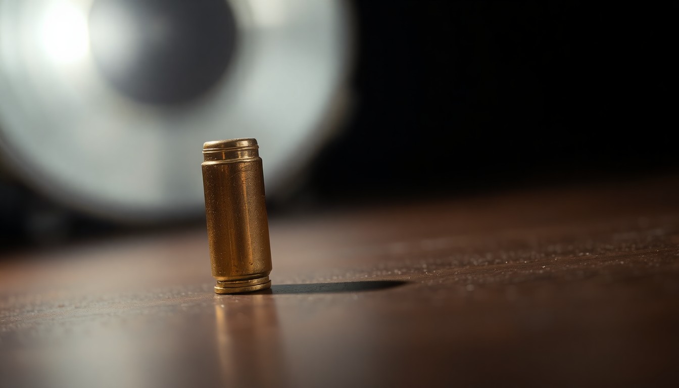 An extreme close-up photograph of a single bullet casing on a dark surface, lit by a harsh, direct camera flash, conceptually illustrating the aftermath of a child's accidental self-shooting due to an unsecured firearm.