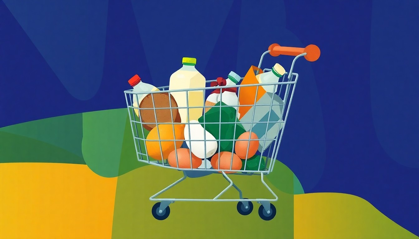 A conceptual illustration featuring a fragmented, abstract painting of a shopping cart filled with basic food items, rendered in overlapping geometric shapes and waves of color, conveying the tension and complexity of the debate around the SNP's proposed price cap on essential foods.