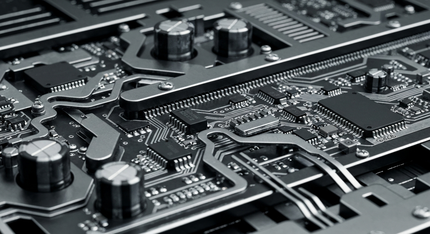 An extreme close-up photograph of the intricate mechanical components and circuitry of a renewable energy system, rendered in a high-contrast, industrial style to conceptually represent the complex financial infrastructure of the industry.