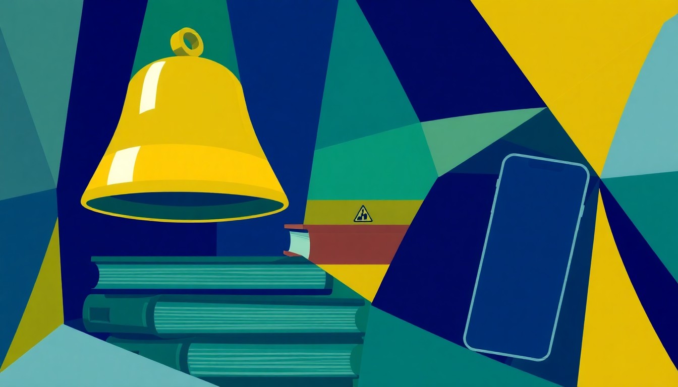 A vibrant, fragmented painting depicting school supplies and a smartphone in overlapping geometric shapes and bold colors, conceptually representing the debate over restricting personal devices in educational settings.