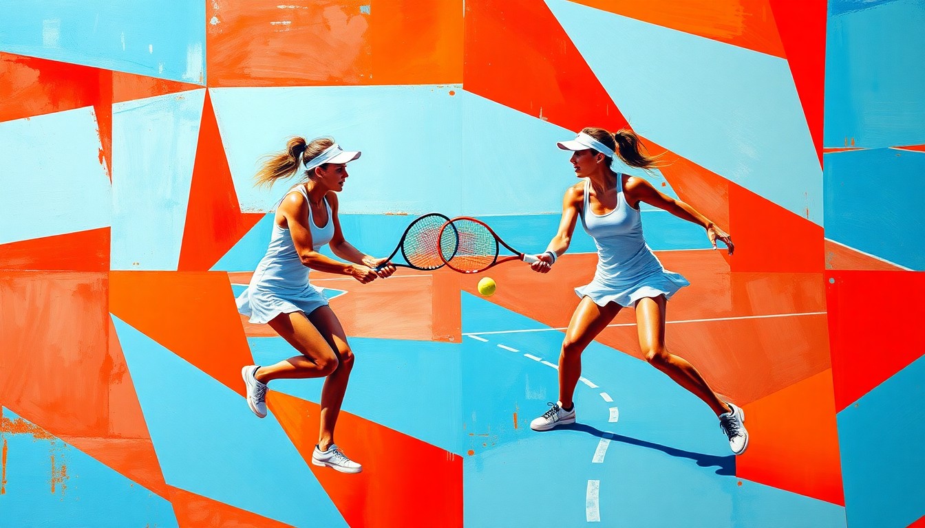 A cubist-style painting depicting two female tennis players in action, their forms broken down into sharp, overlapping geometric shapes in a vibrant color palette, capturing the energy and potential of their partnership.