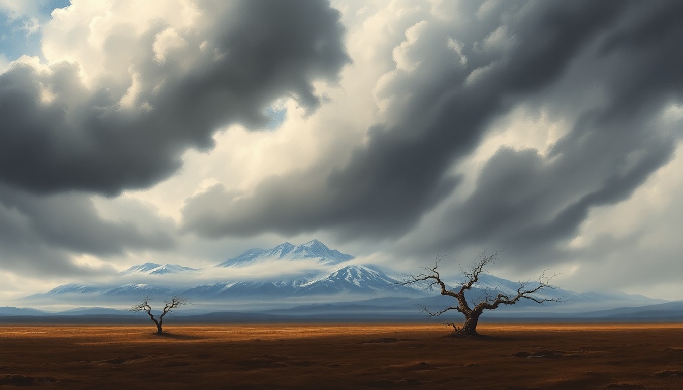 A dramatic, atmospheric landscape painting in the style of Caspar David Friedrich, depicting a snow-capped mountain range partially obscured by heavy clouds, with a sparse, windswept field or plain in the foreground, conveying the overwhelming scale and power of the natural world.