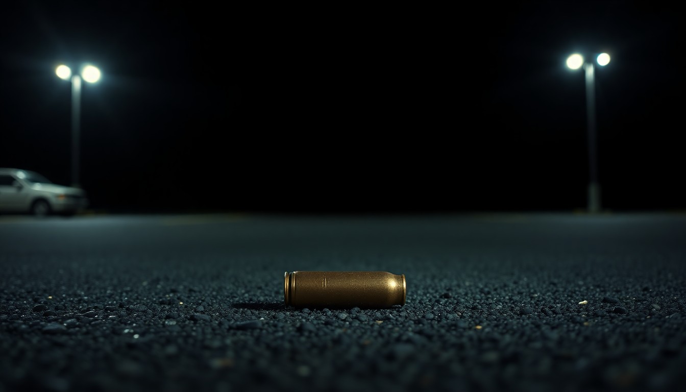 An extreme close-up photograph of a single spent shell casing on the asphalt of a parking lot, capturing the gritty, stark details of the crime scene.