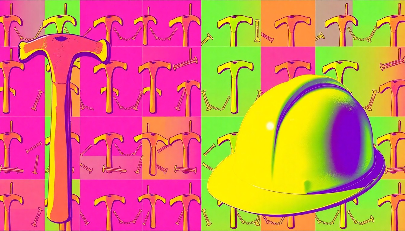 A bold, colorful silkscreen print featuring repeated images of construction tools like a hammer, nails, and a hard hat, conceptually representing the collaborative volunteer effort to build affordable housing.
