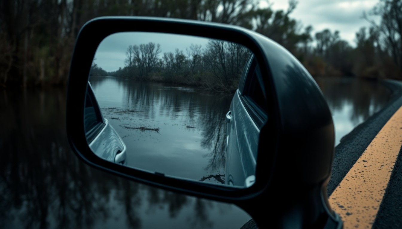 An extreme close-up photograph of a crumpled car side mirror reflecting the dark, murky waters of a canal, conveying the aftermath of a tragic accident in a remote natural setting.