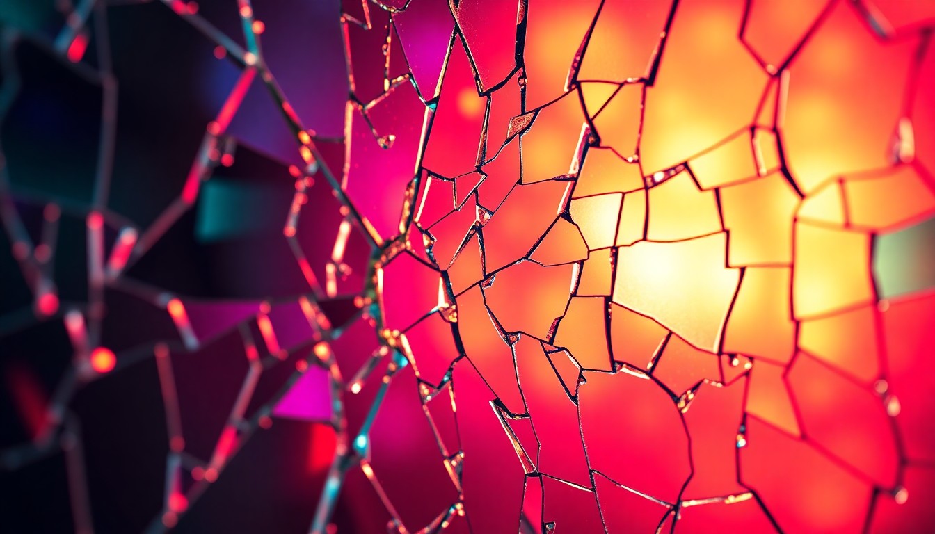 An abstract close-up photograph of shattered glass reflecting a kaleidoscope of bright, saturated colors, conceptually representing the competitive and cutthroat nature of the Korean cosmetic surgery industry explored in the new season of the TV series 'Beef'.