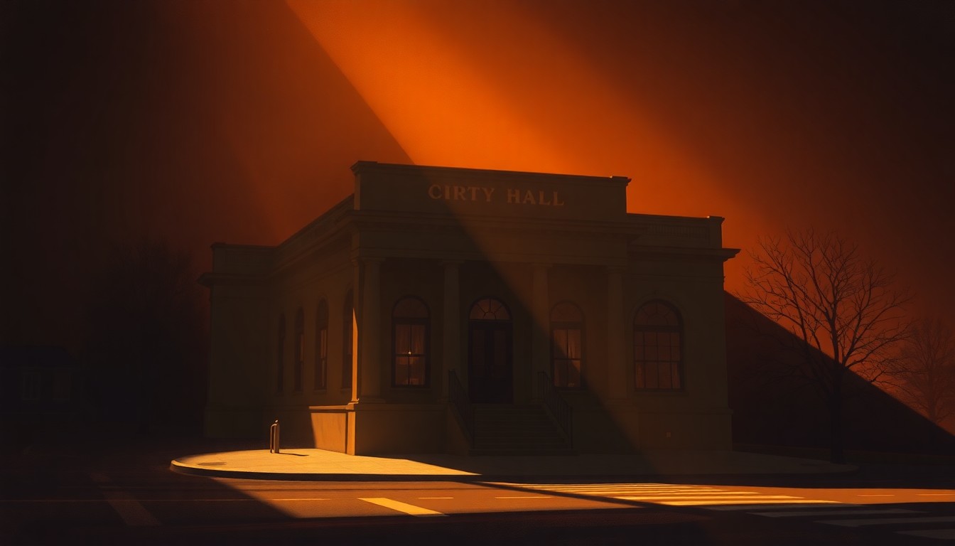 A serene, photorealistic painting of a government building in Buffalo, New York, with warm sunlight casting long shadows across the facade, conveying a sense of quiet contemplation and civic responsibility.