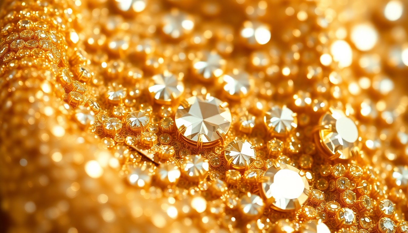An extreme close-up photograph of shimmering gold sequins and glittering gemstones, capturing the luxurious textures and high-fashion aesthetic of a celebrity wedding.