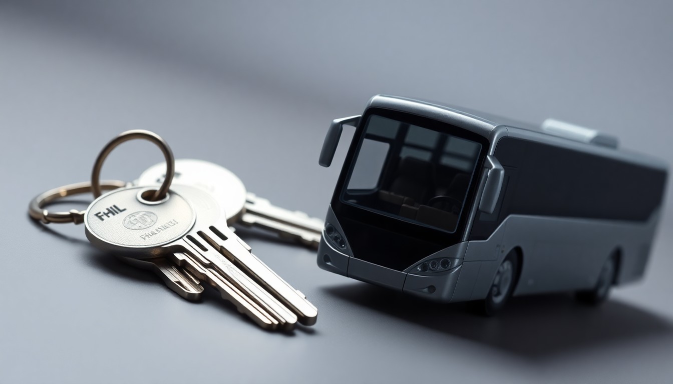 A highly stylized, photorealistic studio still-life image featuring a set of polished, geometric metal keys and a sleek, minimalist bus model in muted shades of gray and silver, symbolizing the financial and operational complexities facing the transportation industry.