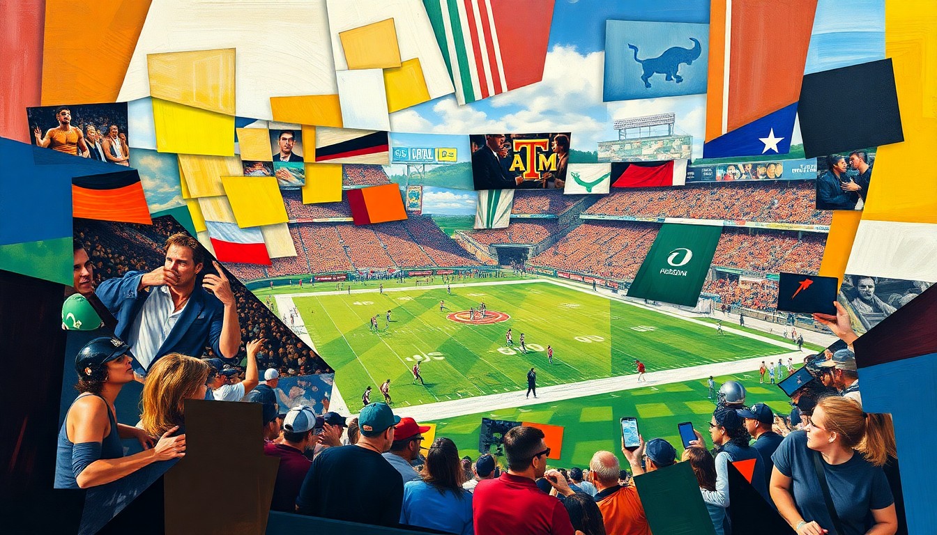 A fragmented, geometric painting in the style of Pablo Picasso, depicting various football players and scenes from the NFL Draft in an abstract, multi-angled composition, conceptually representing the unpredictable nature of the draft process.