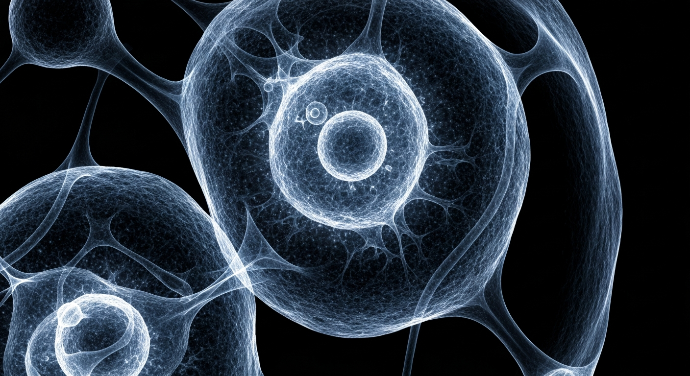 An extreme close-up X-ray photograph revealing the complex internal structures of a human cell, with ghostly glowing lines and shapes against a dark background, conceptually representing the advanced genomic analysis capabilities that will drive the partnership between Mount Sinai and SOPHiA GENETICS.