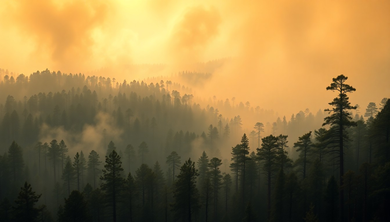 A sweeping, atmospheric landscape painting depicting a pine flatwoods forest shrouded in hazy smoke, conveying the scale and power of a prescribed burn through dramatic lighting and deep perspective.