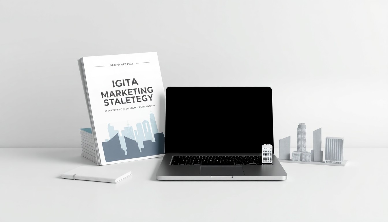 A minimalist studio still life photograph featuring a stack of digital marketing reports, a laptop, and a stylized Tampa skyline model, symbolizing the comprehensive services offered by ServiceLine Pro to help businesses in the area grow their online presence.