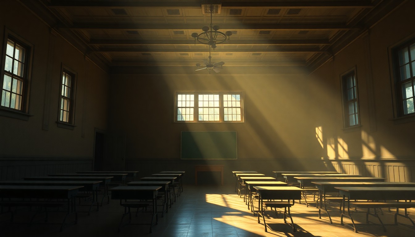 A dimly lit, empty classroom in an old university building, with warm sunlight streaming through the windows and deep shadows across the desks and chalkboard, conveying a sense of quiet contemplation and uncertainty about the future.