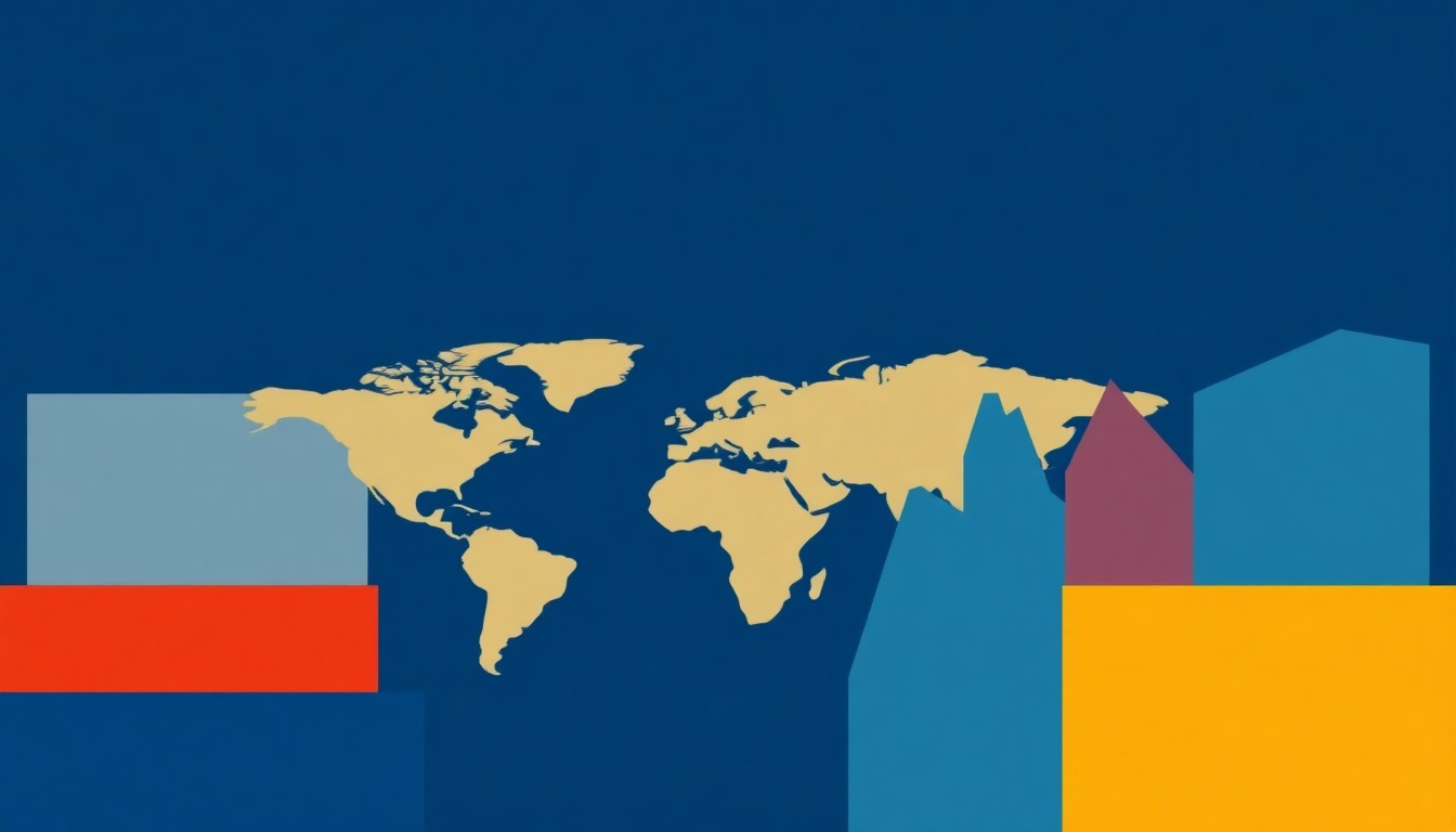 An abstract illustration using bold geometric shapes in primary colors to conceptually represent the global financial strain from conflict and debt, without any text or identifiable elements.