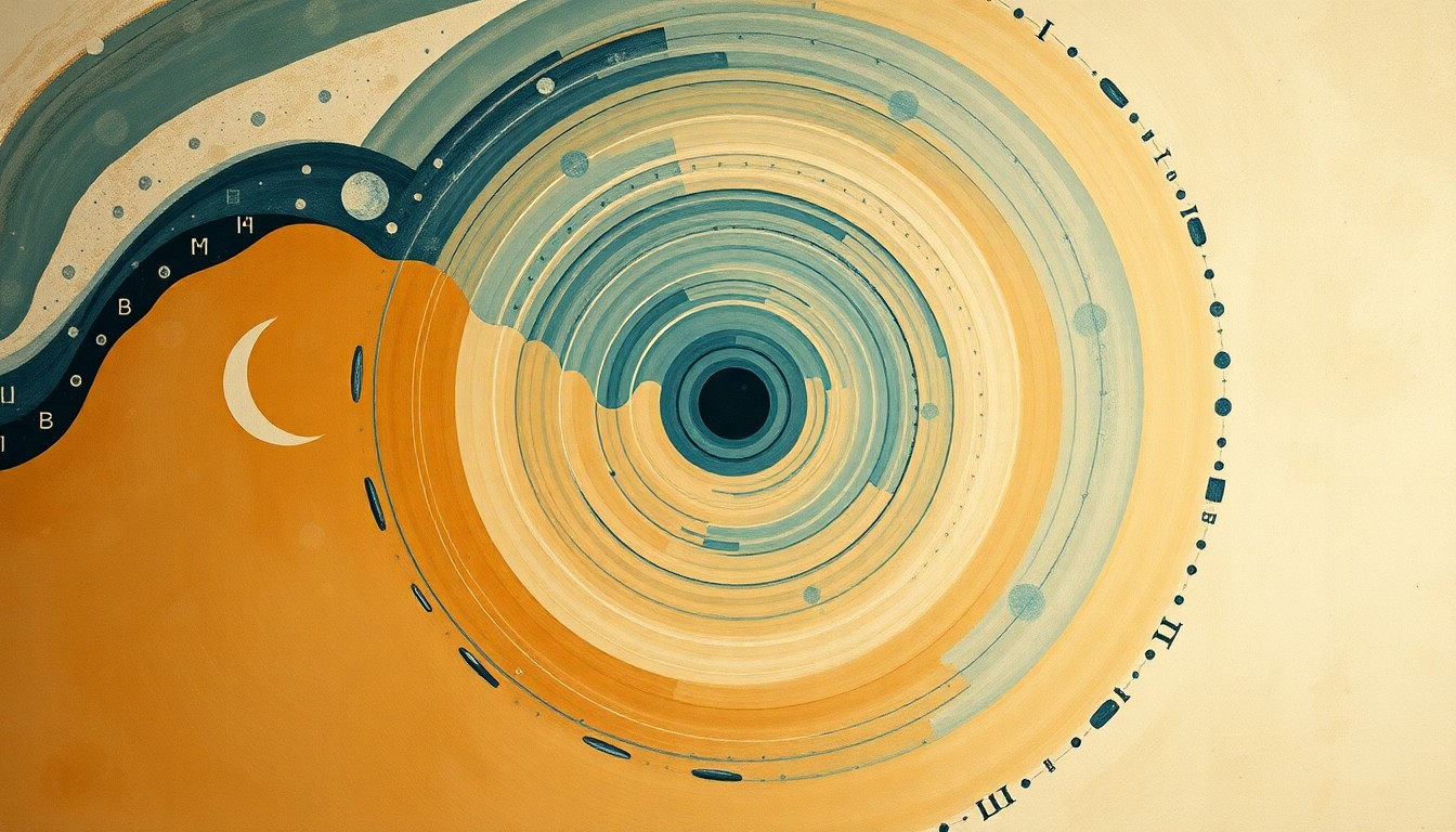 A highly structured abstract painting in earthy tones, featuring sweeping geometric arcs, concentric circles, and precise spirals, conceptually representing the intricate geological forces and resources of the deep sea.