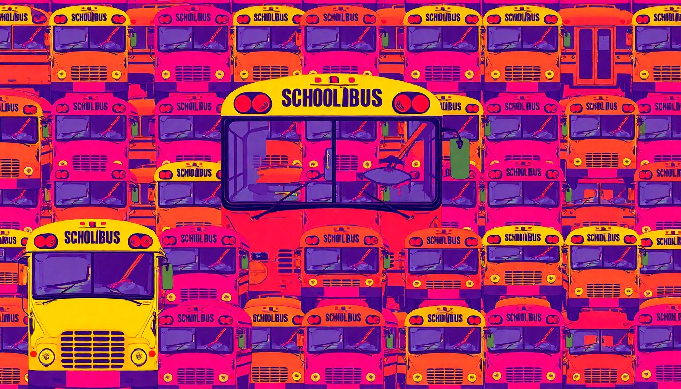 A highly stylized, abstract grid of brightly colored school bus icons in neon shades of blue, green, and orange, conceptually representing the transportation challenges facing Greenwich Public Schools.