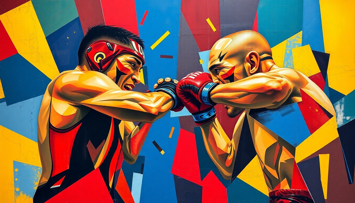 A cubist, geometric painting depicting the dynamic movements and energy of a mixed martial arts fight, with sharp, overlapping planes of color representing the intensity of the action.