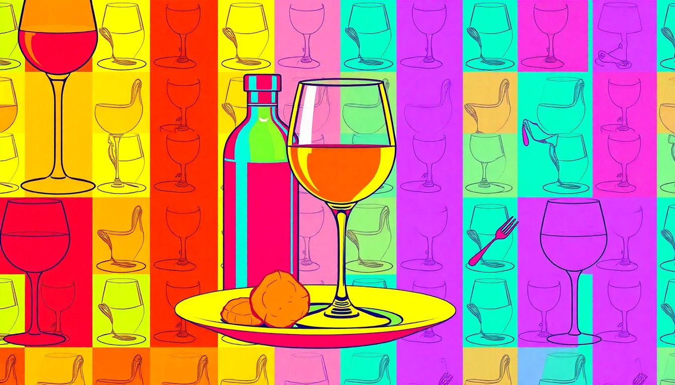 A brightly colored, high-contrast silkscreen print of a wine glass repeated in a tight grid pattern, conceptually representing the upscale dining experience at Atlantic Ocean.