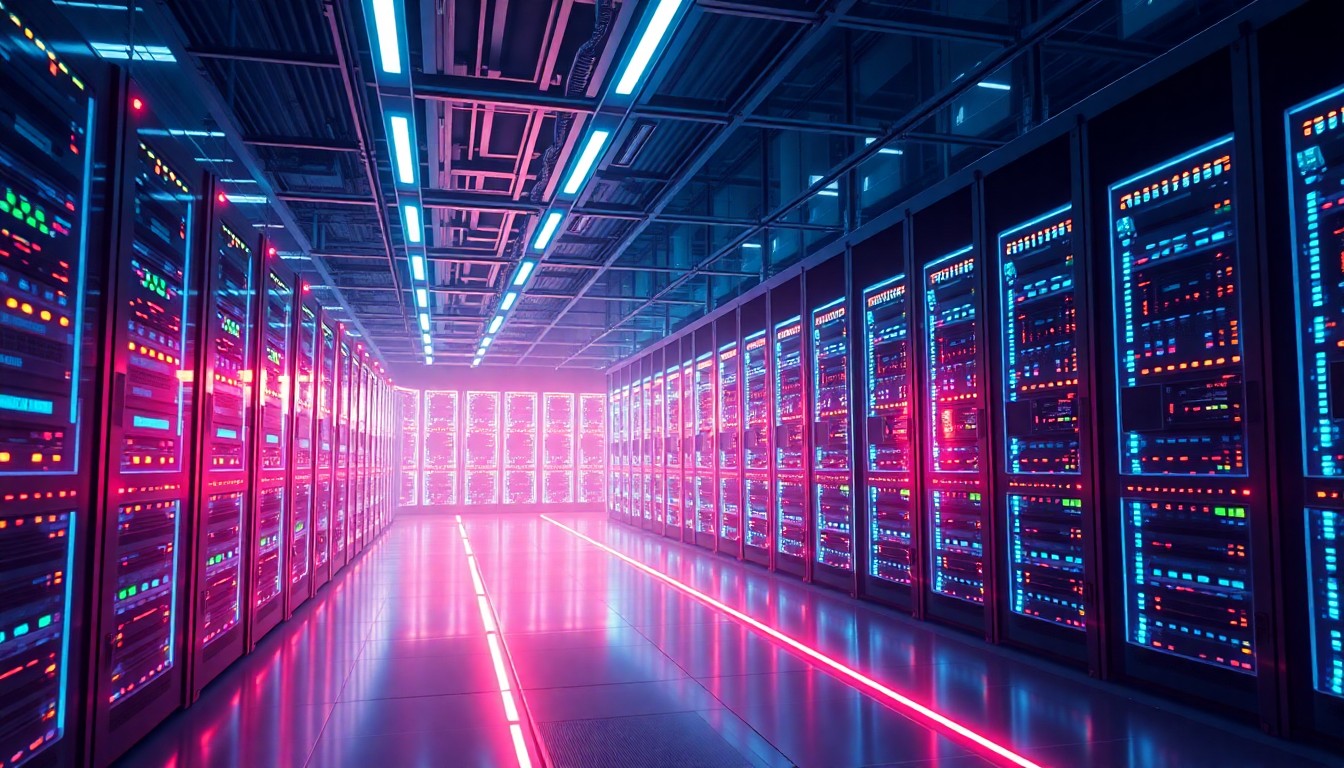 A highly detailed, 3D illustration of a glowing, neon-lit data center or server farm, with intricate cabling, cooling systems, and other technological elements, conveying the complex digital infrastructure that enables AI and automation in the tech industry.