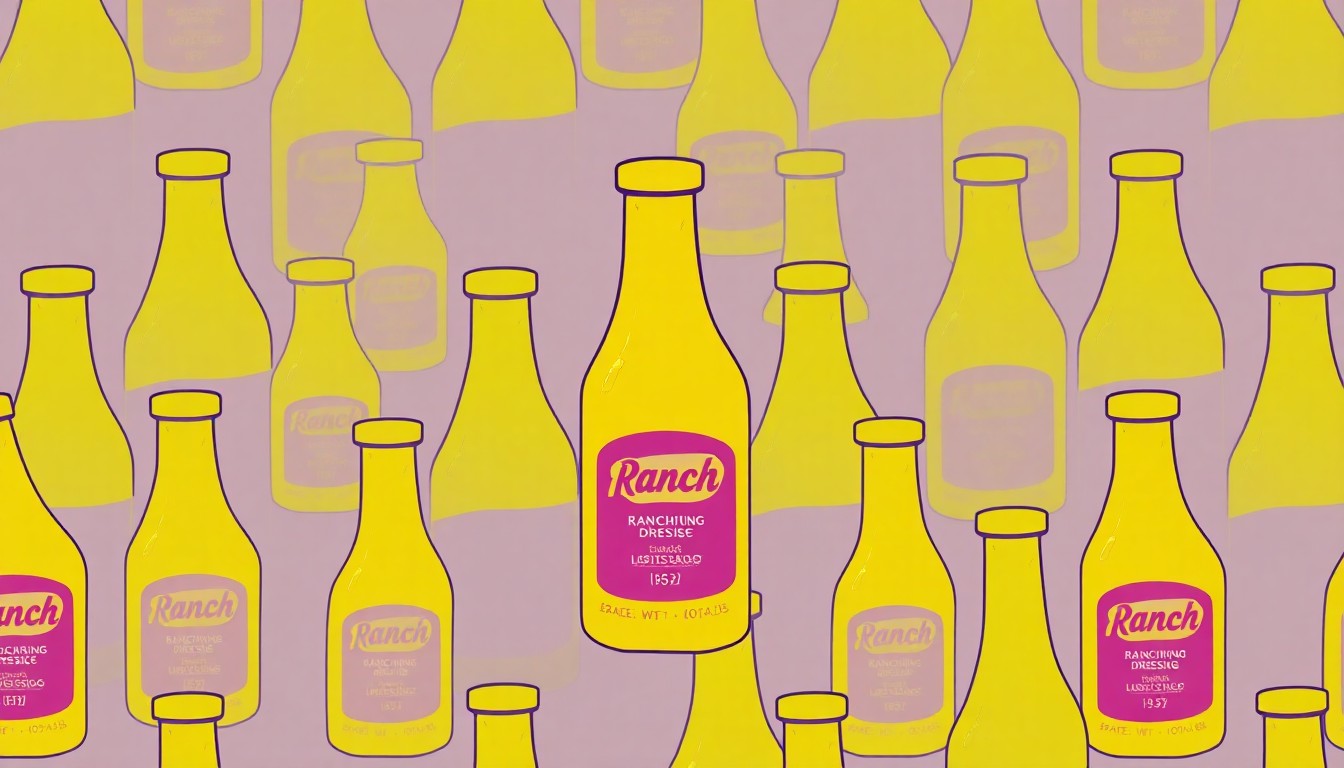 A vibrant, high-contrast silkscreen print featuring a single ranch dressing bottle repeated in a grid pattern, rendered in a bold, neon color palette that captures the condiment's status as a beloved American staple.