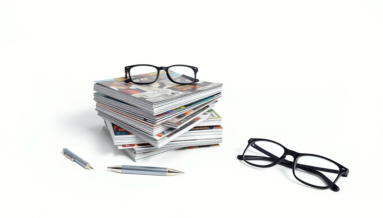 A photorealistic studio still life featuring a stack of comic books, a pen, and a pair of reading glasses arranged on a clean, monochromatic background, symbolizing the business of publishing comics.