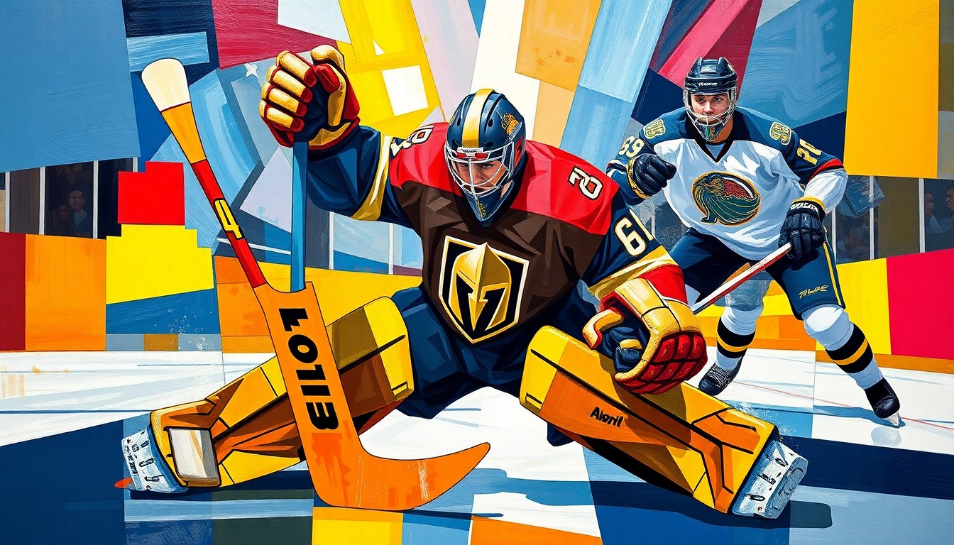 A fractured, cubist-style painting depicting a hockey goaltender making a save, with the player's body and equipment broken down into sharp, overlapping geometric shapes and planes in vibrant colors representing the Golden Knights and Mammoth team uniforms.