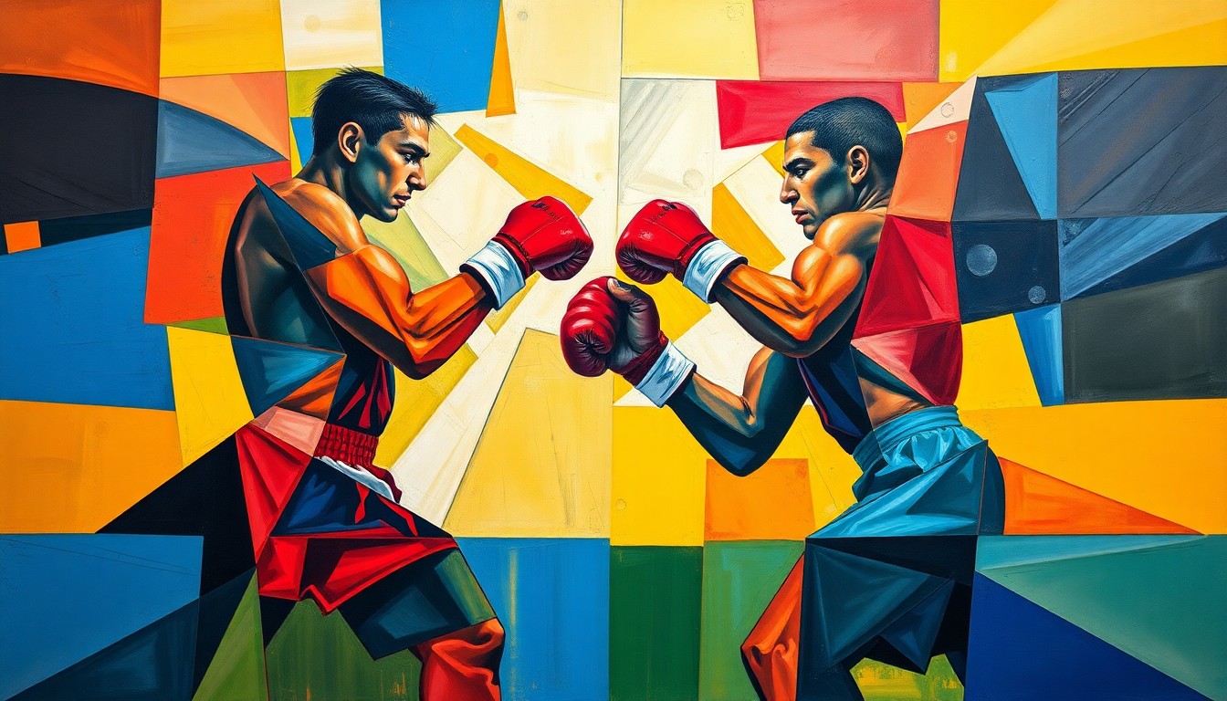 A cubist, geometric painting depicting the chaotic energy and fragmented perspectives of a boxing match, with sharp planes of vibrant colors representing the intensity of the sport.