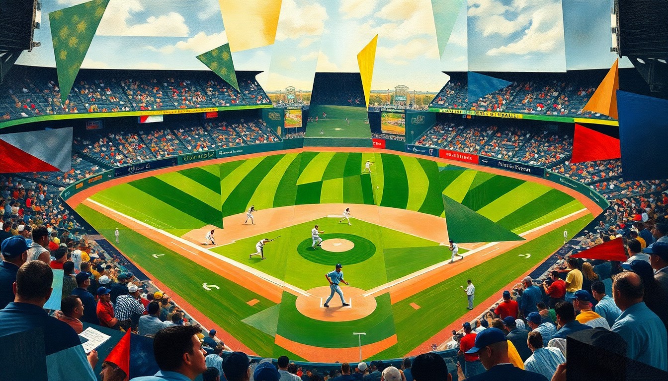 A fractured, multi-perspective painting in a cubist style, breaking down a baseball game into sharp, overlapping geometric planes of color and abstract shapes, capturing the dynamic energy and motion of the sport.