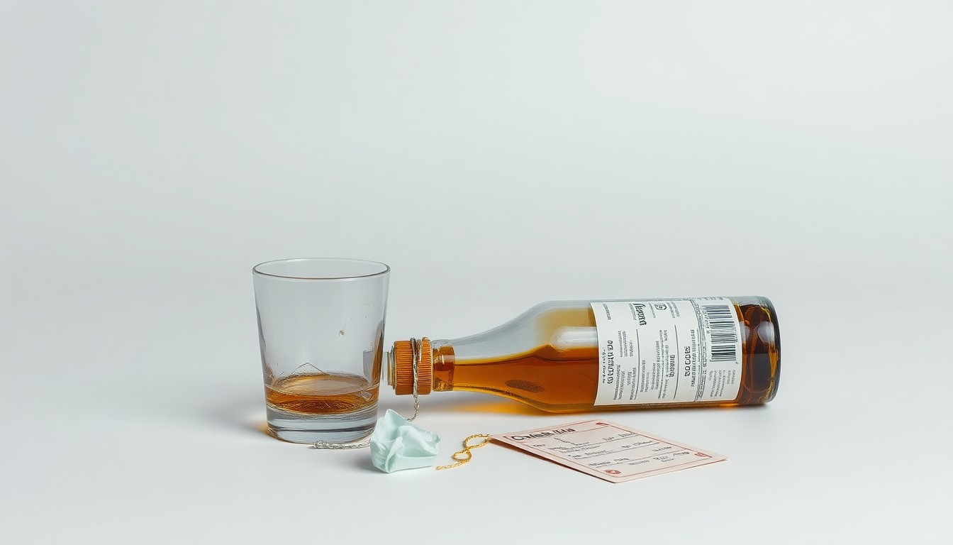A photorealistic studio still life featuring a shattered glass tumbler, a spilled bottle of tequila, and a crumpled cruise ship ticket, conceptually representing the corporate liability and safety risks associated with overserving alcohol on cruise ships.