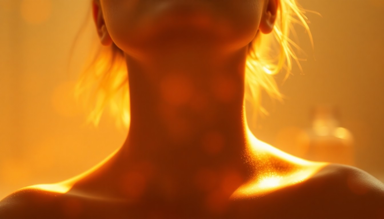 An extremely abstracted, out-of-focus photograph shot through condensation or rain-streaked glass, composed of soft, warm pools of color and light that suggest the concept of a person's neck and shoulders, with the faint outline of a fragrance bottle in the background.