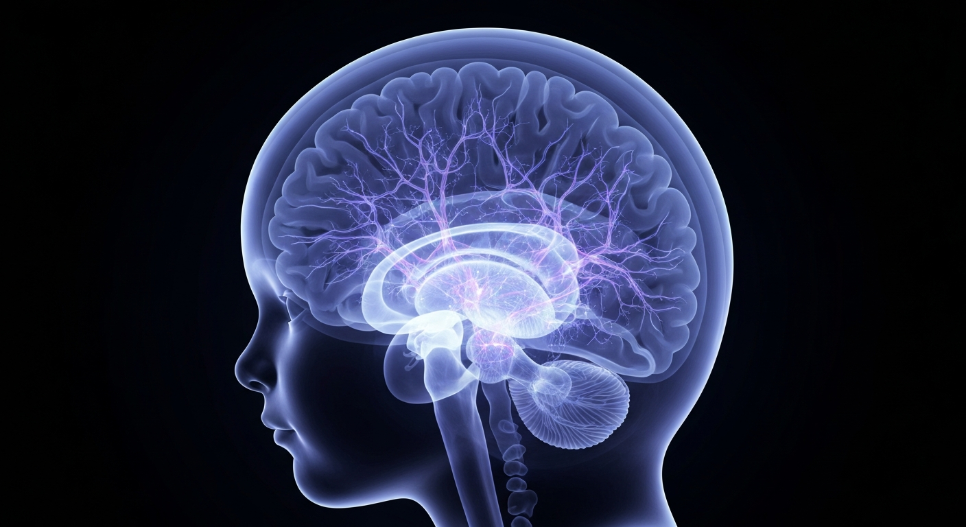 A ghostly, translucent X-ray photograph revealing the intricate neural structures of a child's brain, conveying the importance of mental health care for young patients.