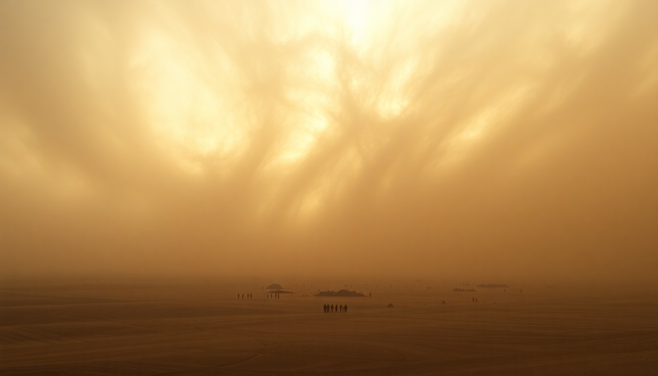 A vast, sweeping landscape painting in muted earth tones, with a massive, swirling dust storm dominating the scene and obscuring the festival grounds below, conveying the overwhelming scale and power of the natural disaster.