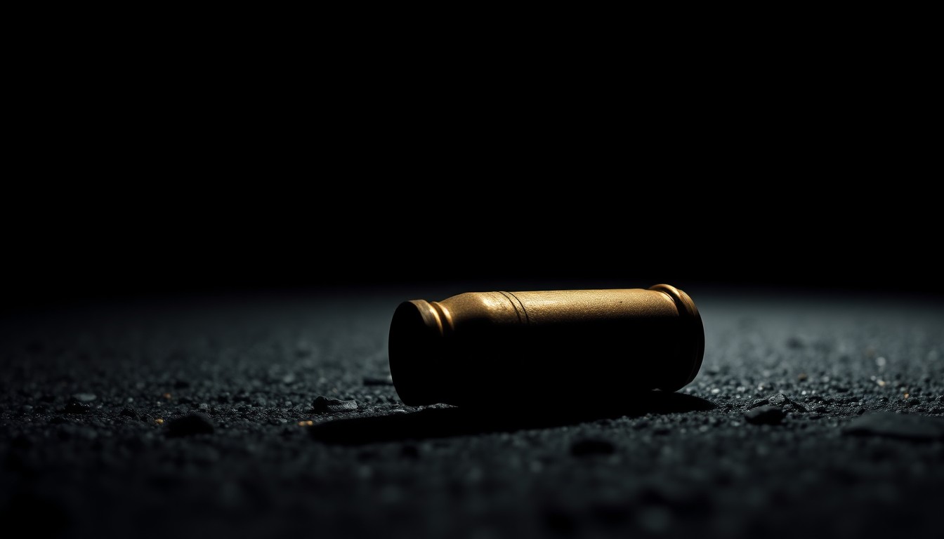 An extreme close-up of a spent shell casing on asphalt, the harsh flash illuminating its metallic texture against the dark background, conveying the sudden, gritty nature of the church parking lot shooting.