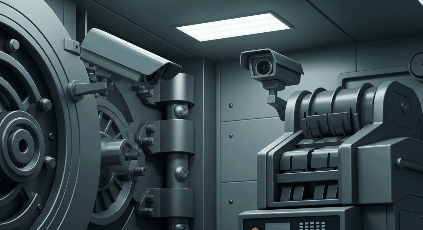 A close-up view of industrial banking machinery, including vault doors, security cameras, and cash counting devices, conveying the bank's secure and technologically advanced operations.
