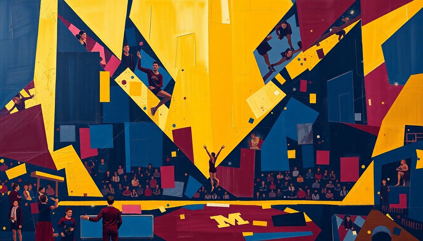 A cubist, geometric painting depicting a gymnastics competition, with overlapping planes of navy blue, maroon, and gold representing the University of Minnesota colors, capturing the raw energy and movement of the sport.