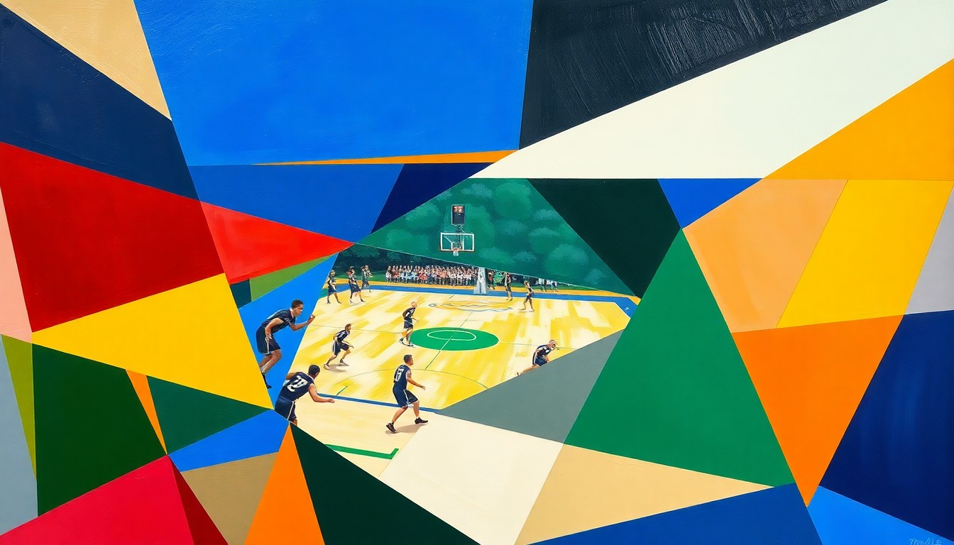 A fractured, geometric painting in the style of Pablo Picasso, using sharp, overlapping planes of color to represent the dynamic movements and competition of high school sports.