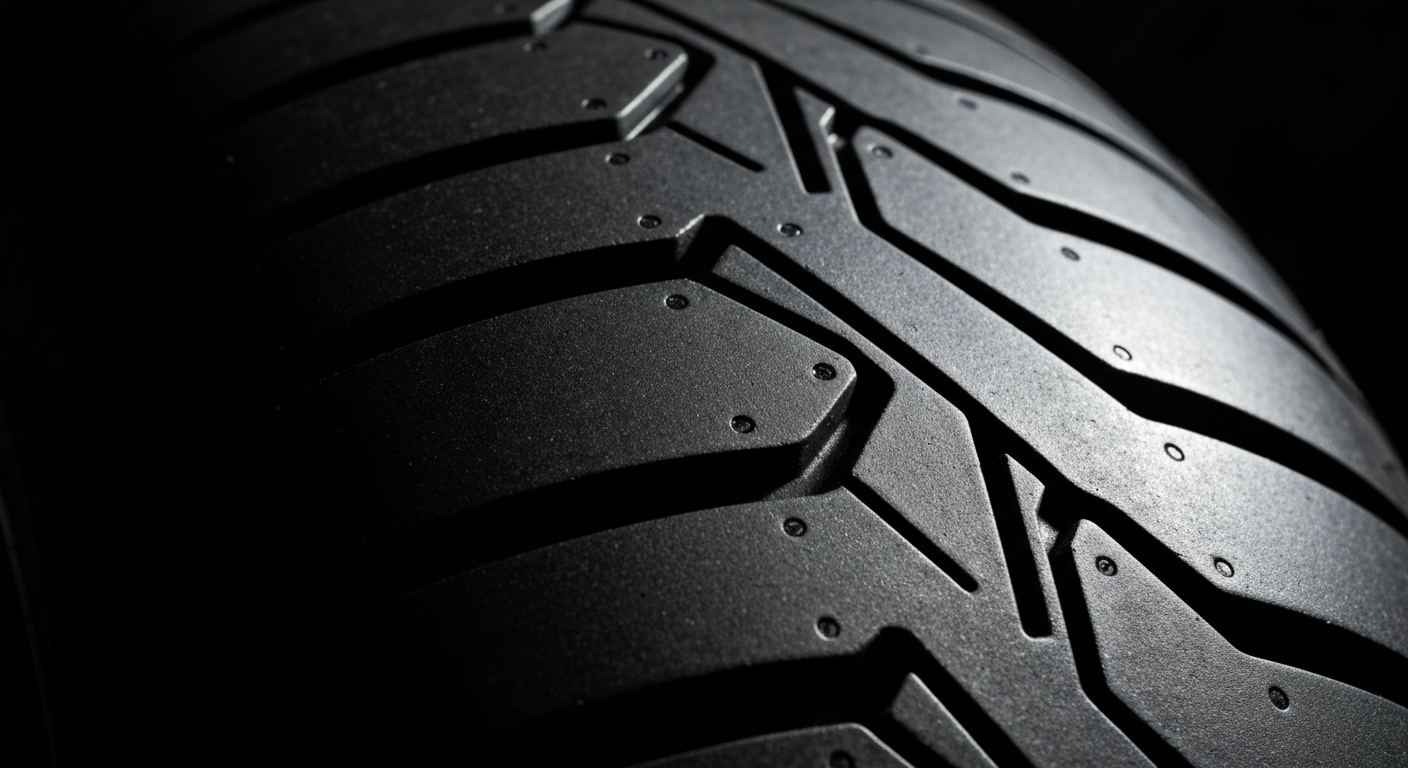 An extreme close-up of the textured surface of a racing tire, with visible treads and pebbled rubber in dramatic lighting, conceptually representing the raw materials and engineering of high-performance automotive technology.