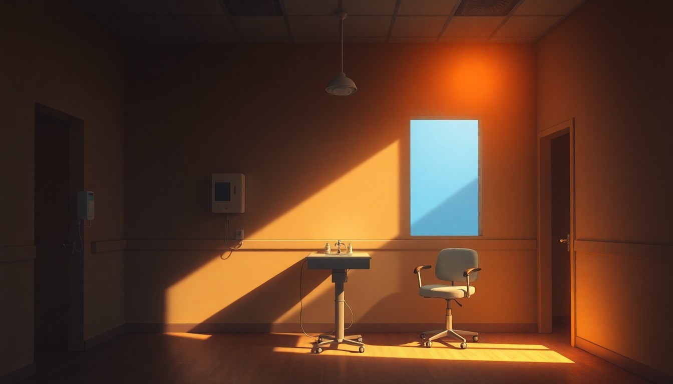 A dimly lit, cinematic painting of an empty medical examination room, with warm sunlight streaming in through the window and long shadows cast across the floor, creating a sense of unease and uncertainty about the future of healthcare privacy.