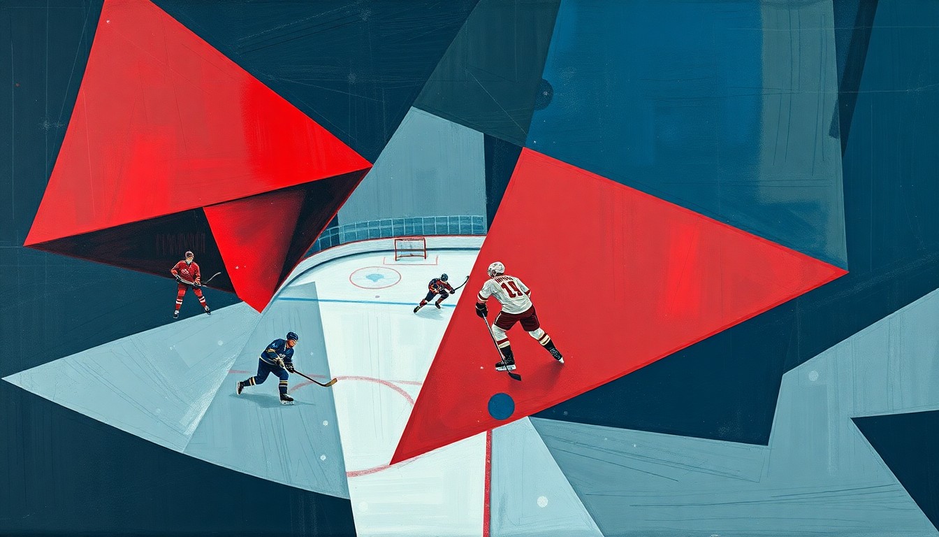 A cubist, geometric painting depicting a fragmented hockey game, with overlapping planes of muted blue, red, and grey tones conveying the chaotic energy of the match.