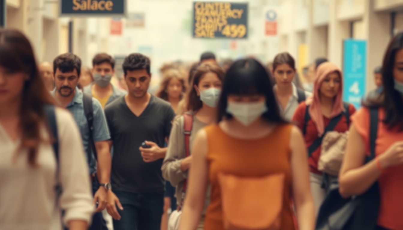 An abstract, out-of-focus photograph in soft, warm tones depicting a group of people in everyday lifestyle scenes, their faces and identities obscured, conveying a sense of anonymity and universality.